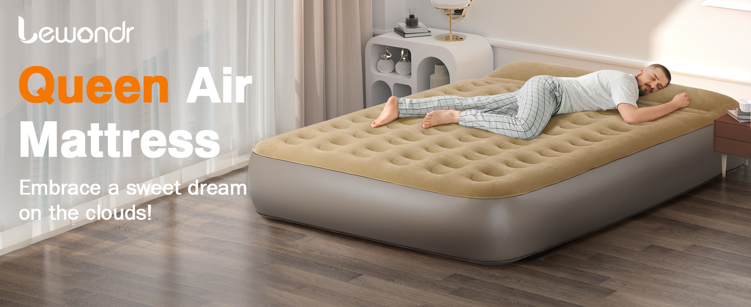 Надувне ліжко Lewondr на 2 особи з вбудованим насосом, 203x152x33 см. З подушкою, самонадувне, для кемпінгу, дому, гостей, подорожей (250 кг MAX), кольору хакі