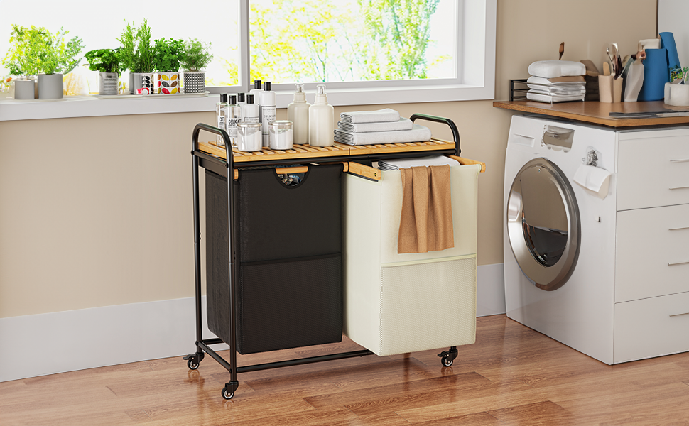 Кошики для білизни з сортувальником та висувними кишенями, 2 шт. (50 л, чорний/білий)