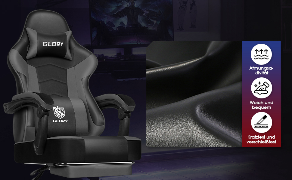 Ігровий крісло, офісне ергономічне крісло з регульованою підніжкою, з підголівником та підтримкою попереку, обертове, 150 кг, сірий