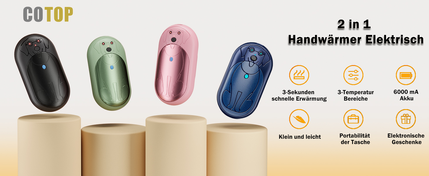 Електричні грілки для рук COTOP 6000mAh, 2 шт. USB-C, 3 режими нагріву, для жінок, чоловіків, дітей, туризму, гірськолижного спорту, зелені