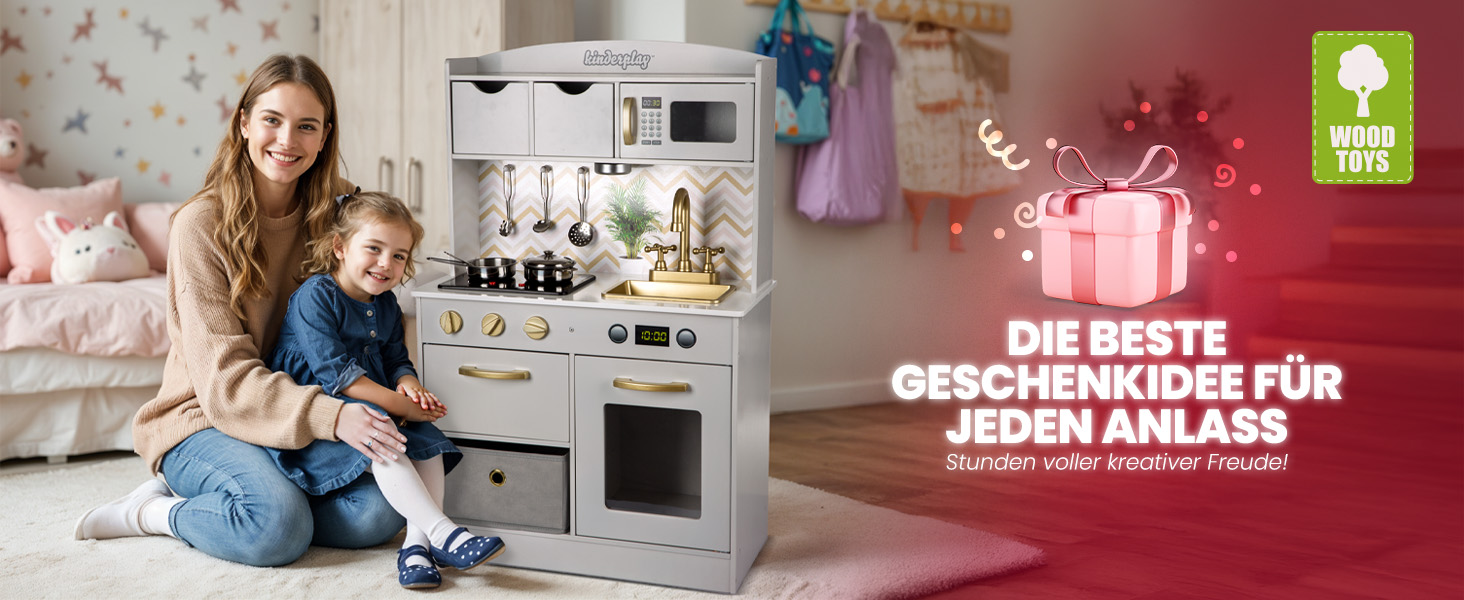 Дерев'яна дитяча кухня Kinderplay з LED та звуками приготування їжі – регульована висота 92–107 см – іграшкова кухня для ролевих ігор від 3 років – повний комплект з аксесуарами, світло-сірий колір Elegant - світло-сірий