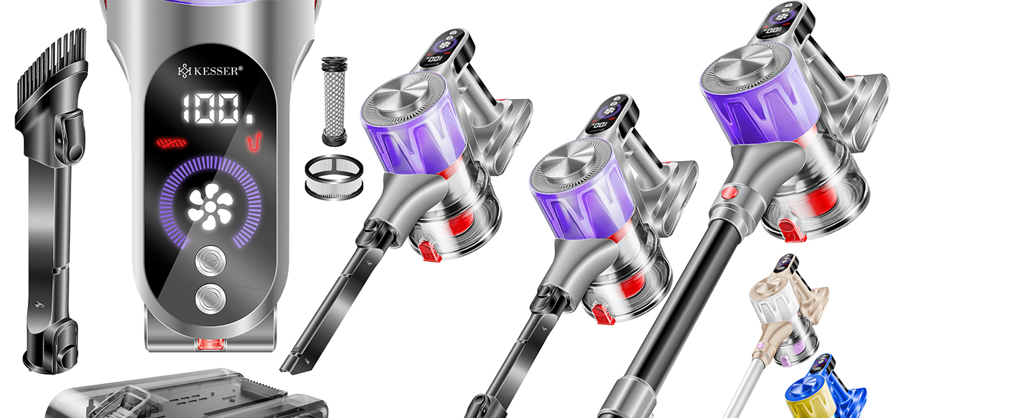 Бездротовий акумуляторний пилосос KESSER® з LED дисплеєм та аромакапсулою | Бездротовий пилосос без мішка з антизаплутаною насадкою, HEPA-фільтром, час роботи до 60 хвилин, для твердих поверхонь та килимів, чорний/червоний