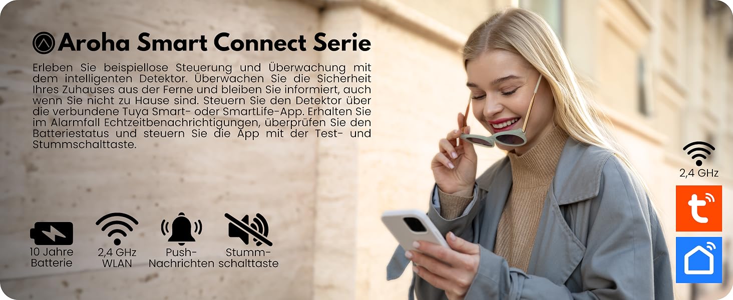 Розумний датчик чадного газу Aroha Smart Connect Wi-Fi (Tuya, Smart Life) з батареєю на 10 років, детектор CO для Smart Home