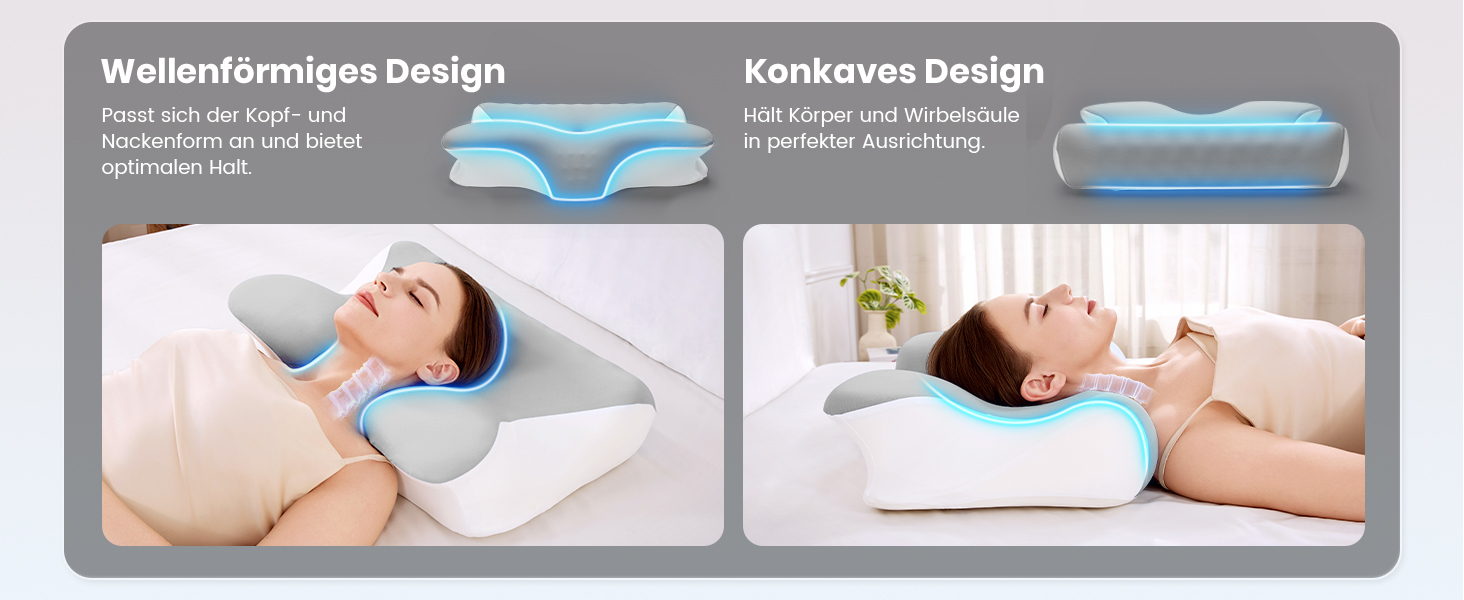 Ортопедична подушка з піни Memory Foam 2-в-1, 60x41.5x10/12 см, біла/сіра - для сну на боці, спині, животі