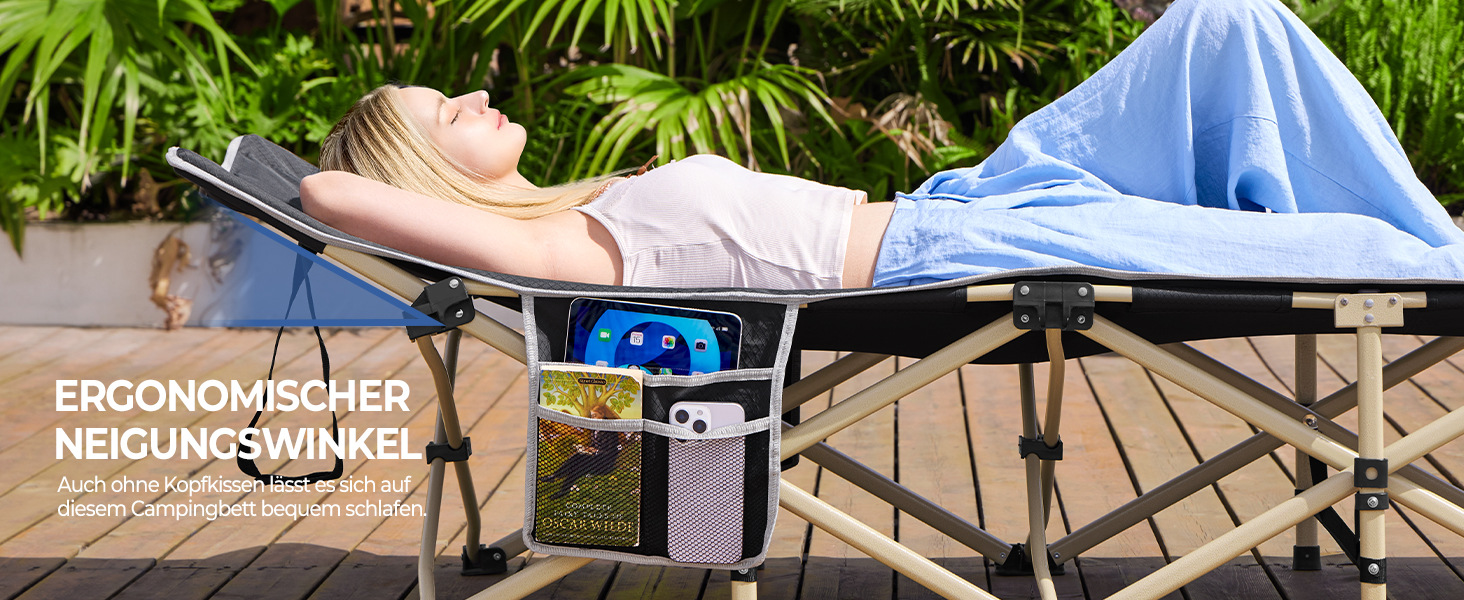 Розкладне ліжко для кемпінгу та відпочинку Yaheetech, похідне ліжко-шезлонг з кишенею та сумкою для транспортування, сіре, до 150 кг