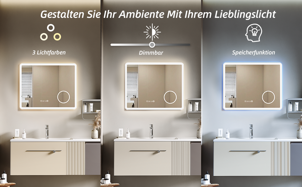 Дзеркало для ванної кімнати HySail з підсвічуванням, 5 мм, висока роздільна здатність, срібне покриття, 3 колірні температури, регульована яскравість, антизапар, сенсорне керування, прямокутне (3 кольори + регулювання + дзеркало для макіяжу + годинник, 80 x 60 см)