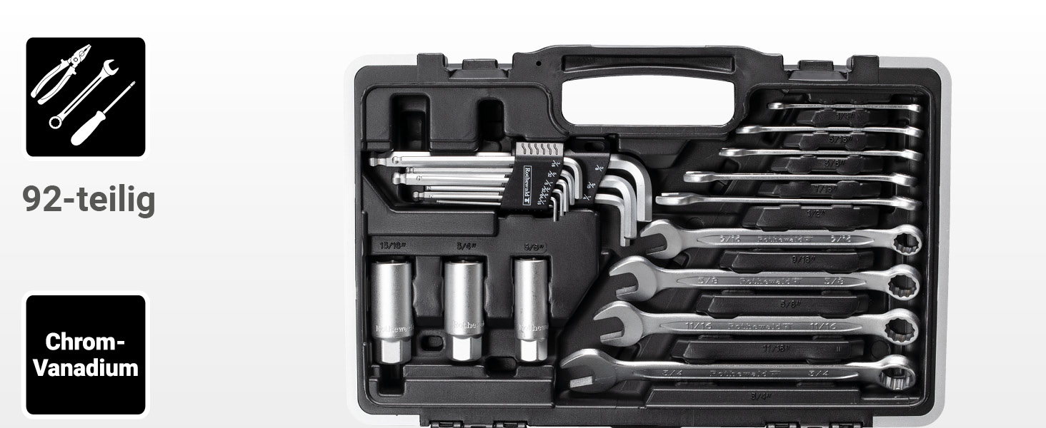 Набір інструментів Zoll 92 частини, з висувними бітотримачами для дюймових біт, тріскачкою з дрібним зубом, сталь Cr-V сіро-червоний