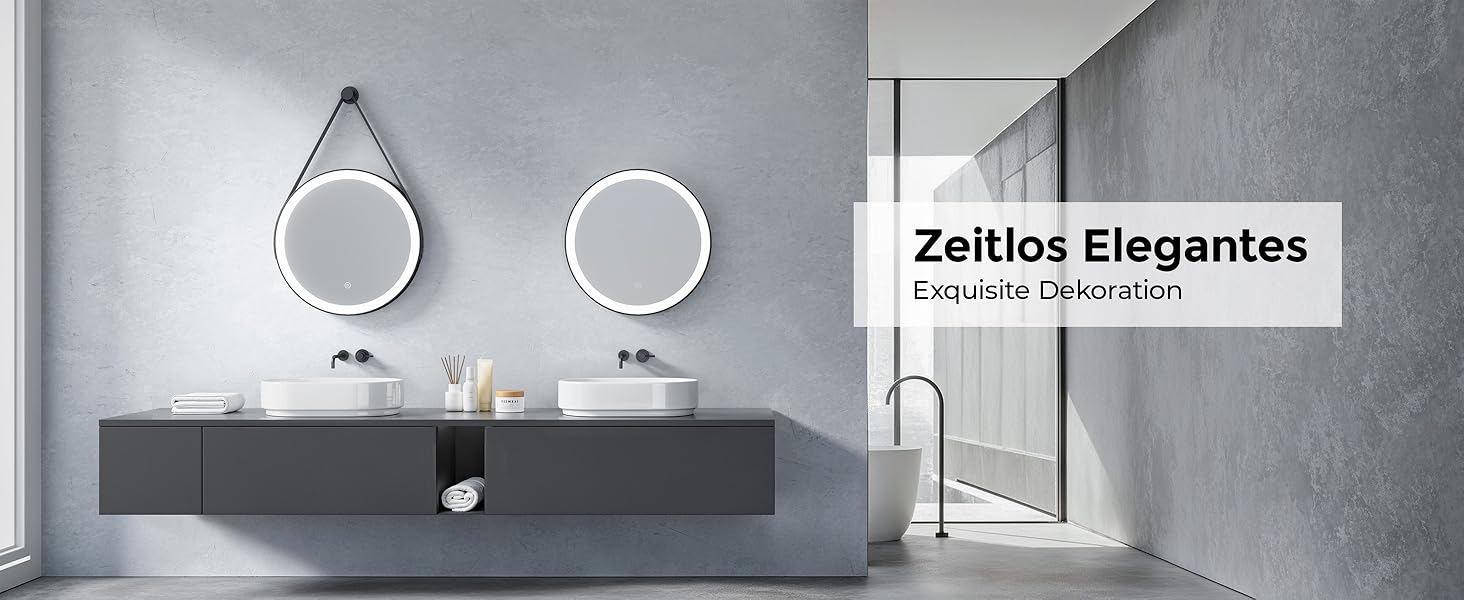 Круглий дзеркало для ванної кімнати з підсвічуванням 60см, LED дзеркало з регулюванням яскравості, сенсорне керування, чорна рама, знімна стрічка, 6500K (холодне світло)