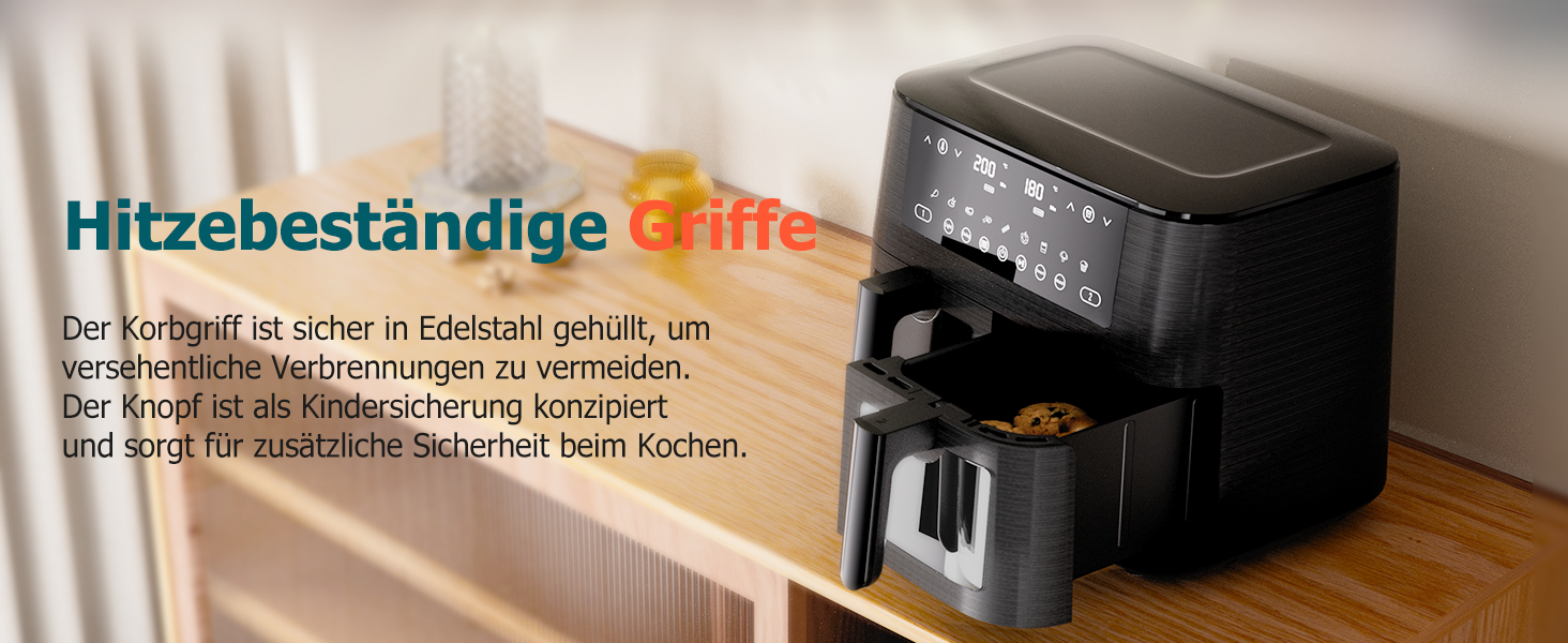 Фритюрниця повітряна з 2 камерами та скляним вікном, 9л, 9-в-1, сенсорний дисплей, кошики, що миються, антипригарне покриття, здорова фритюрниця без олії