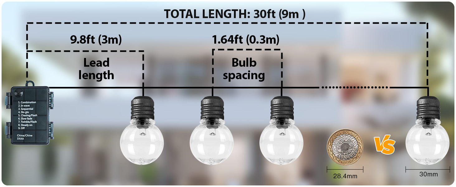 Ланцюжок прикрас для зовнішнього використання на батарейках G30, 9м, 20 LED, тепле біле світло, з пульт дистанційного керування, таймер, диммування, IP64, для саду, ялинки, балкона, бістро.