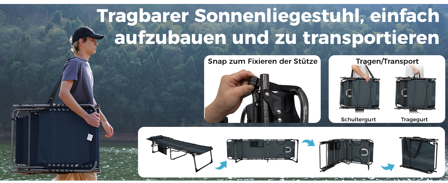 Лежак для відпочинку KingCamp великого розміру, складаний, 5 положень, для саду, кемпінгу, пляжу, 200 x 68 см, сірий, з подушкою та кишенею, до 200 кг