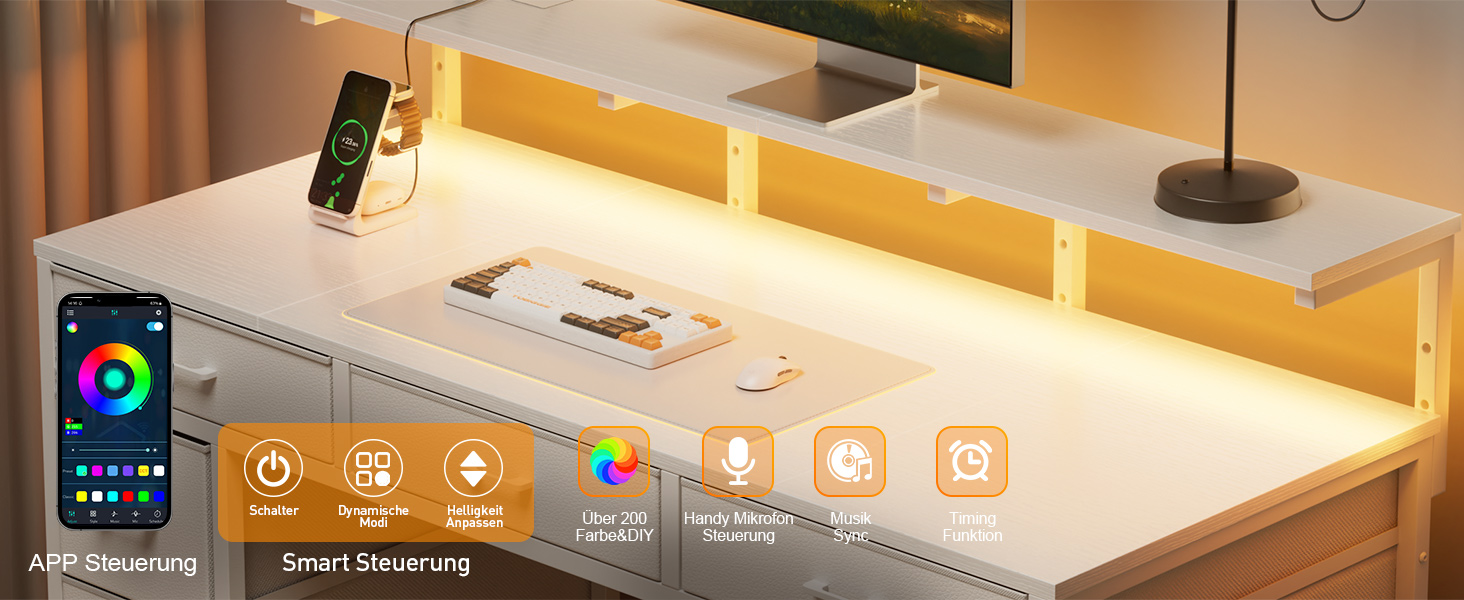 Комп'ютерний стіл з 8 висувними ящиками, 2 розетками та USB-портами, LED-підсвічуванням та підставкою для монітора, 120 x 50 x 74 см, білий