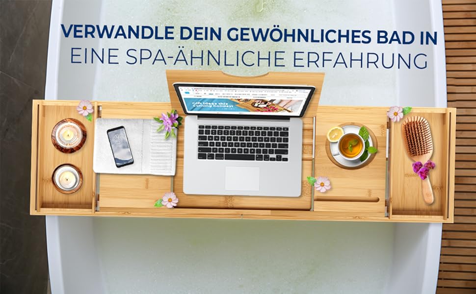 Підставка для ванни та ліжка SereneLife 2-в-1 – складане піднос для сніданку в ліжку та ванній з бамбука, водовідштовхувальний, регульований розмір – дерев'яна підставка для ванни, міцна спинка (складний, міцна спинка, подарунковий набір)