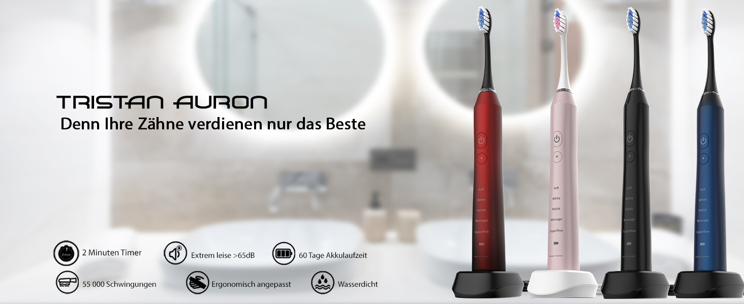Електрична зубна щітка Tristan Auron – 55 000 вібрацій, 5 режимів, 60 днів роботи від акумулятора, 2 насадки, компактна та тиха (червона)