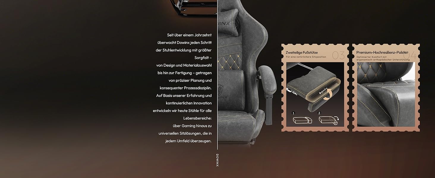 Ігрове крісло Dowinx з підніжкою, масажером попереку та офісним комфортом, до 200 кг, регулювання спинки 165°, сірий