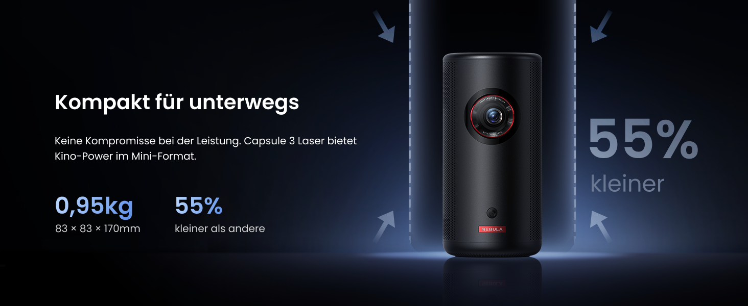 NEBULA Capsule 3 Laser GTV: Міні-проектор з лазером, 1080p, 300 ANSI Lumen, Wi-Fi, Dolby Digital, Автофокус, 120 дюймів, 2.5 години роботи від акумулятора