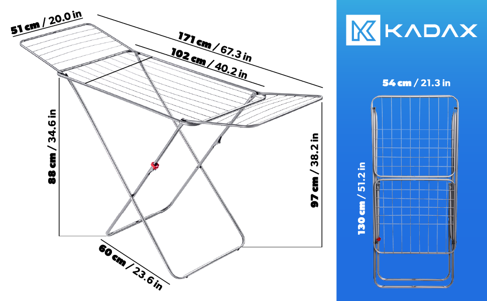 Сушарка для білизни KADAX, сушильна стійка 180x55x101 см, сушильна стійка Airflow, сушильна машина з нековзними ніжками, сушильна машина з крилами, сріблястий одяг