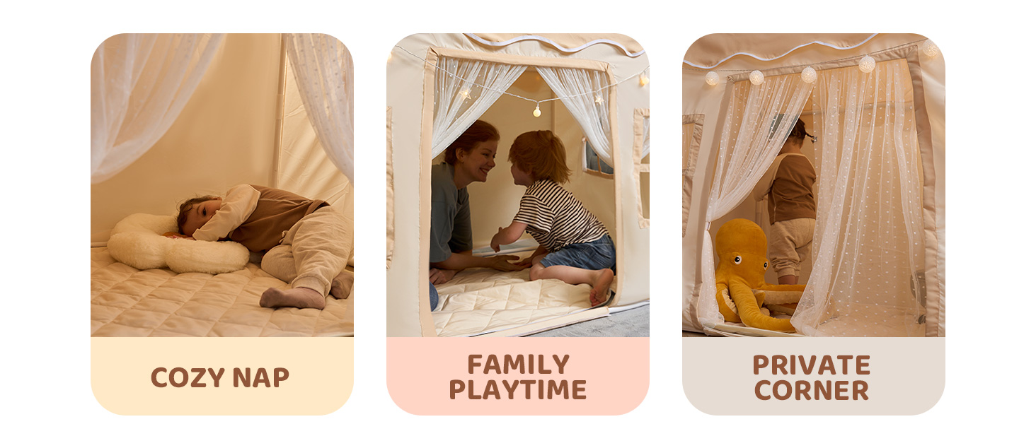 Дитячий намет SYNCFUN з килимком та світлом для гри в приміщенні. Ігровий будиночок для дівчаток 3-13 років (Бежевий).