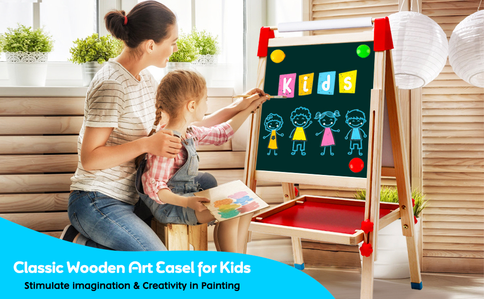 Дитяча мольберт Kinder Staffelei 3 в 1: дерев'яна дошка з рулоном паперу, двостороння, регульована висота 68-114 см. Комплектація: аксесуари для малювання. Підходить для дітей 3-12 років.