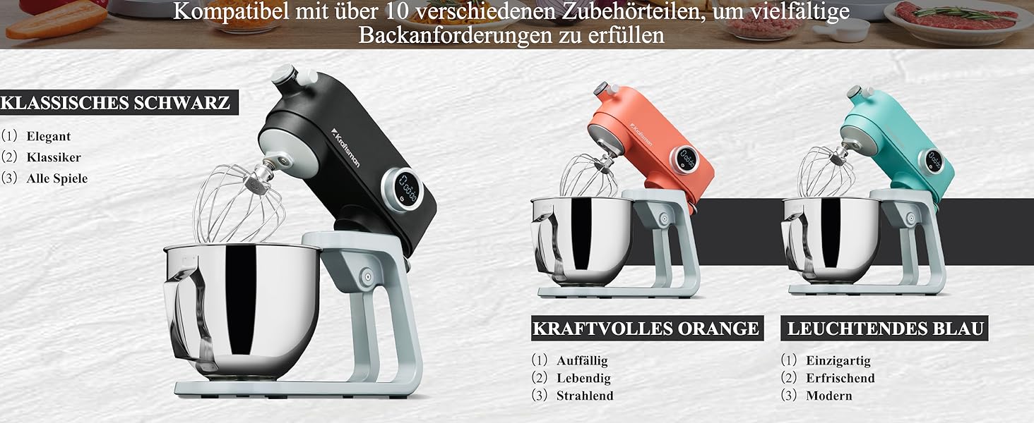 Кухонна машина 5л з місткою чашею з нержавіючої сталі, для тіста, піци, з таймером та 8 режимами. В комплекті: міксер, гак для тіста, вінчик, гнучкий вінчик. Чорний колір.