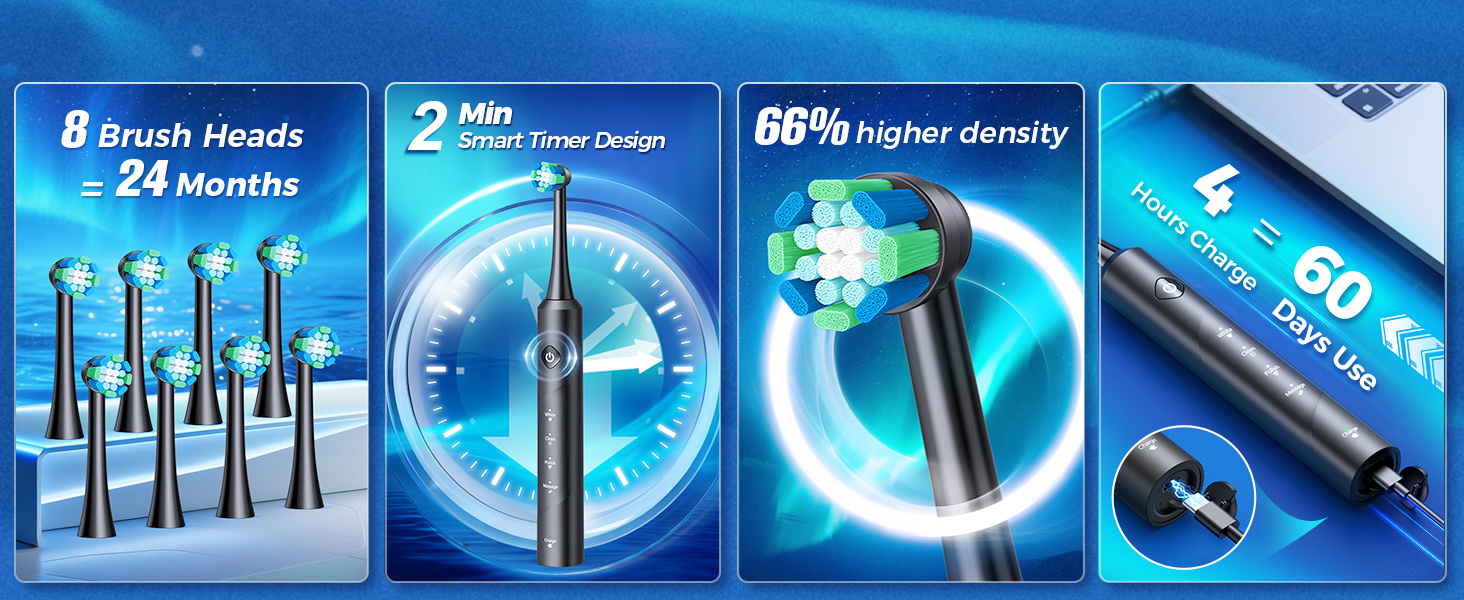 Електрична зубна щітка Rotierende для дорослих з 8 насадками, 4 режимами чищення, акумулятором на 60 днів та смарт-таймером 2 хв - професійна електрична зубна щітка (чорна)