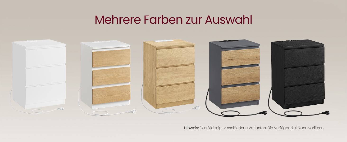 Приліжкова тумбочка VASAGLE Kailyn з розетками та USB-портами, 3 висувні ящики, сучасний дизайн, сіро-коричневий колір, LET831G01