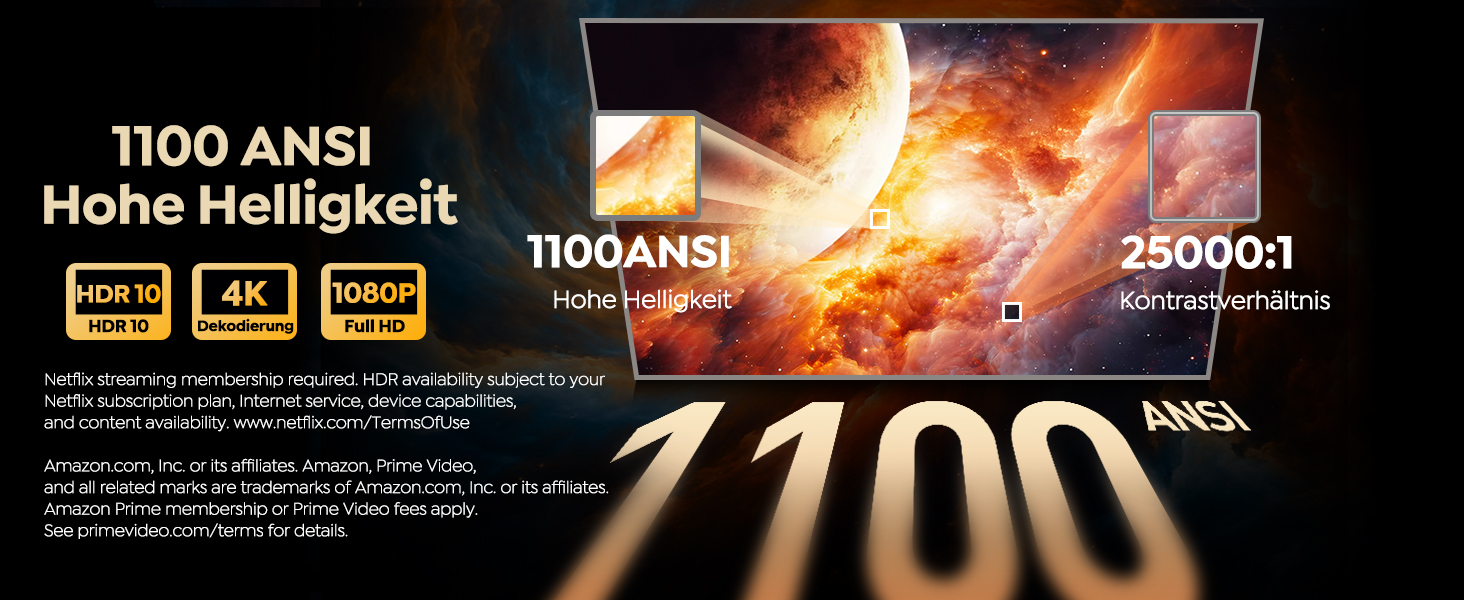 Проектор WiMiUS 1100 ANSI з 4K, Dolby Audio, WiFi 6, Bluetooth та Автофокусом для Домашнього Кінотеатру та Відкритих Подій (Android/iPhone)