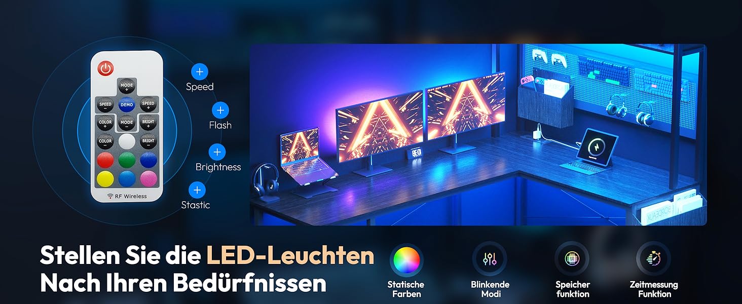 Dowinx Геймінговий кутовий стіл з LED-підсвічуванням, 120x148 см, з розетками та USB, сірий