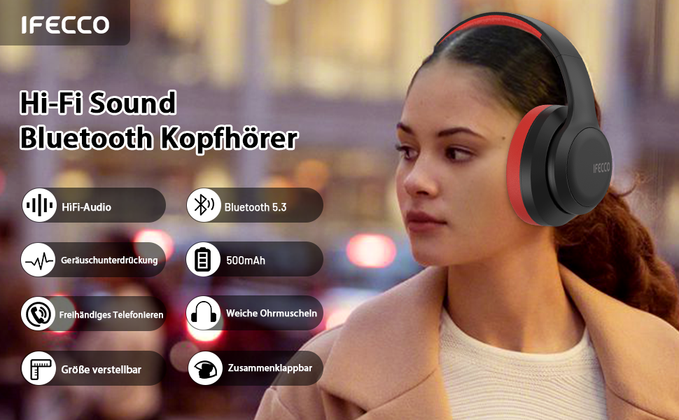 Накладні навушники IFECCO Bluetooth - бездротові, мікрофонні, складні, HiFi стерео, чорні