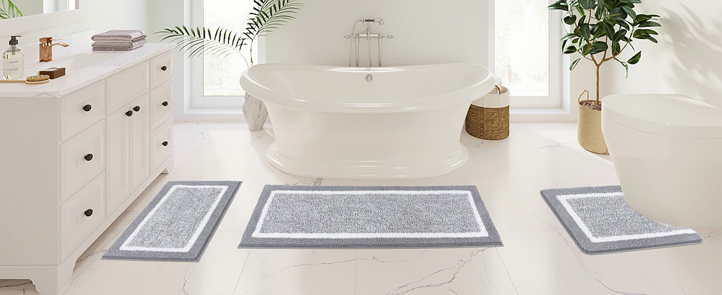 Набір килимків для ванної кімнати Pauwer: м'який, високий ворс, антиковзний. Включає килимок для душу, підлогу та унітаз. Розміри: 45x65 см, 45x120 см, 50x60 см. Машинне прання.
