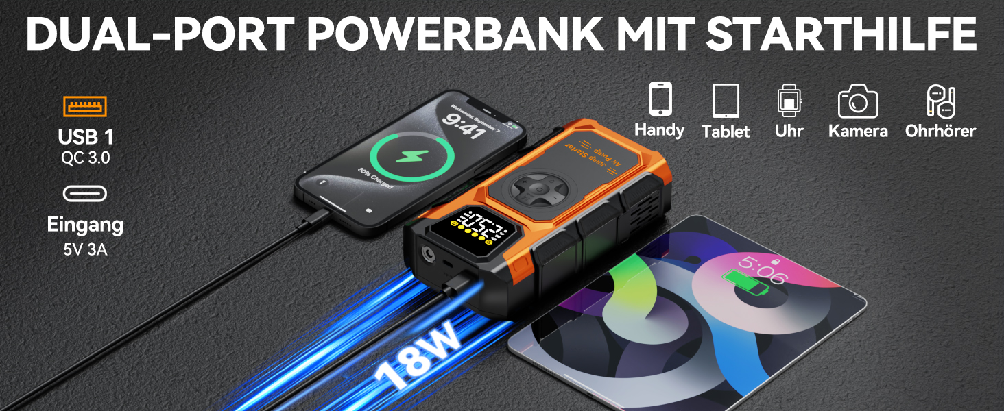Пусковий пристрій (бустер) для авто Starthilfe 6000A з компресором 150 PSI, Powerbank 12V для бензинових та дизельних двигунів до 10л, з QC3.0, LCD-дисплеєм та ліхтарем, помаранчевий