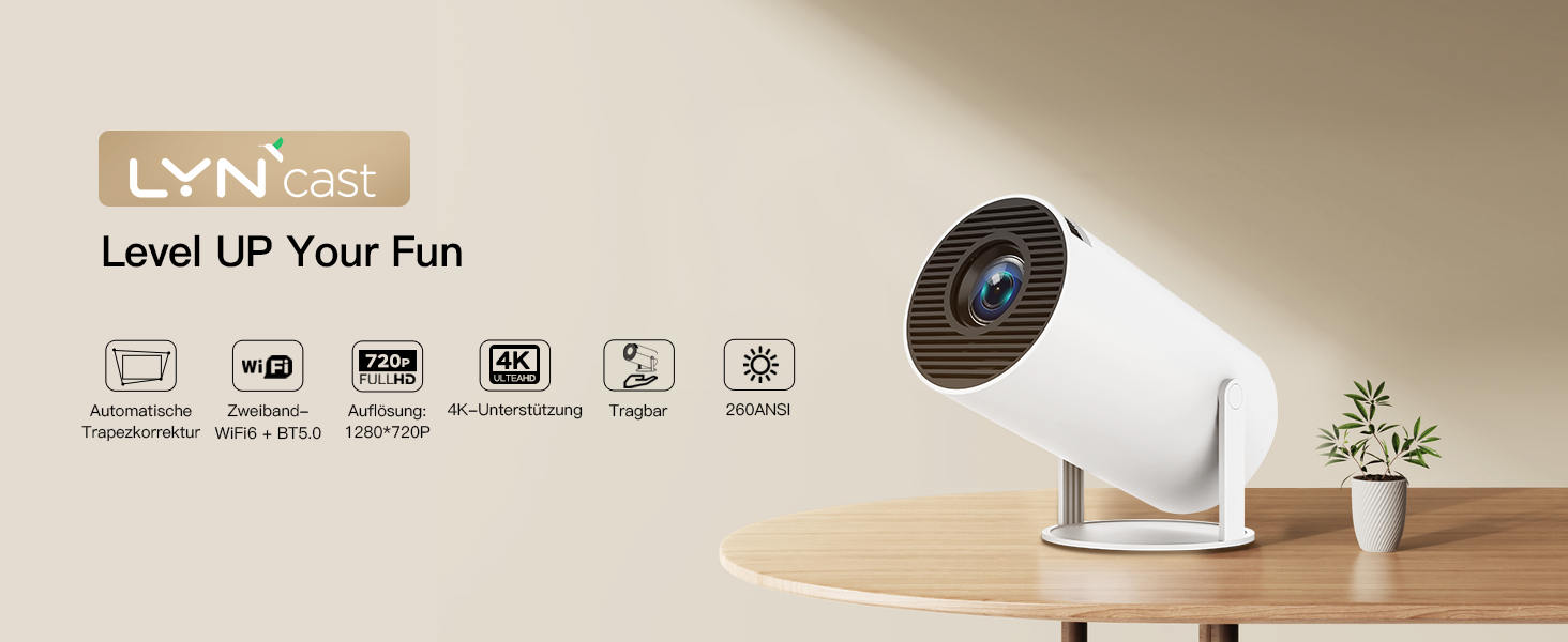 Портативний проєктор LYNCAST HY300 Pro: Wi-Fi, Bluetooth, Android 11, 1080P/4K, обертання 180°, для дому та на вулиці