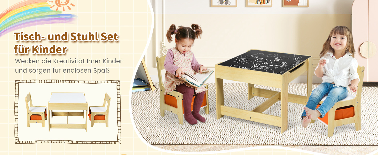 Дитячий столик з двома стільцями GOPLUS 3tlg. - дерев'яний комплект меблів для дітей, з місцем для зберігання, для дому