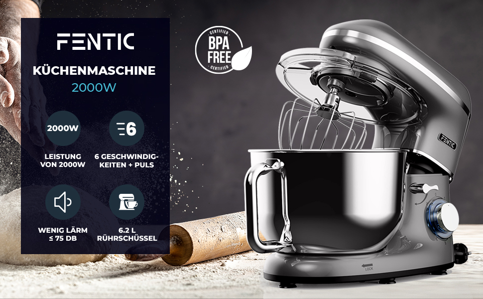 Кухонна машина 2000W з нержавіючої сталі, чаша 6.2 л, міксер з набором насадок (крюк, гак, вінчик, сплеск), колір антрацит