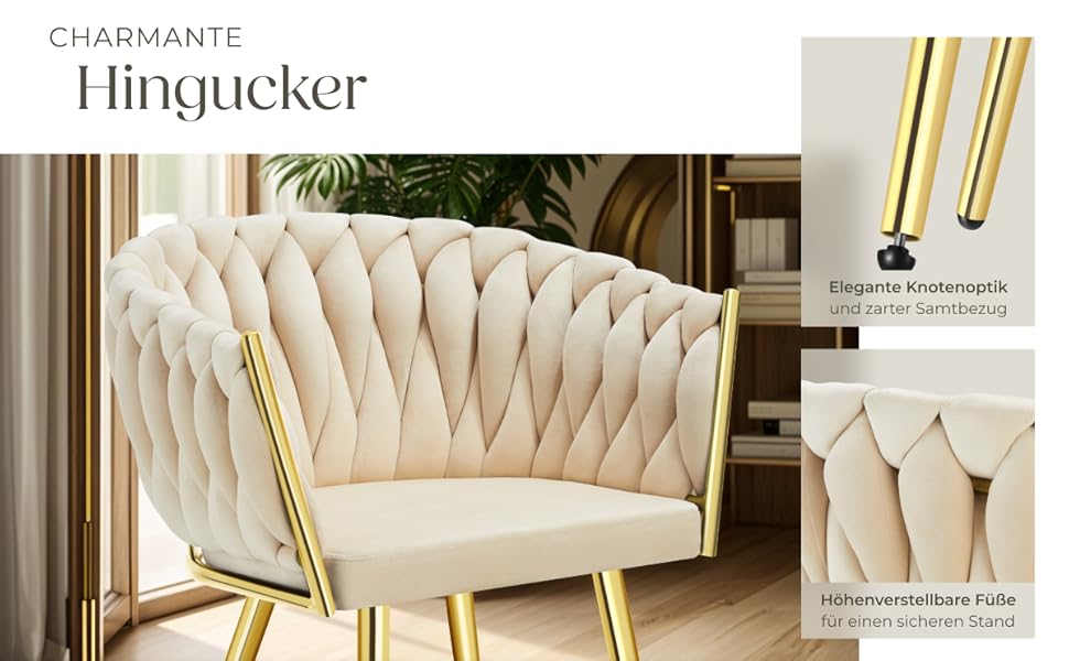 Тектейк® Оксамитовий стілець-чаша з підлокітниками, сучасний крісло для вітальні, їдальні, як кухонні стільці, для туалетного столика, комплект (2 шт), пісок/золото