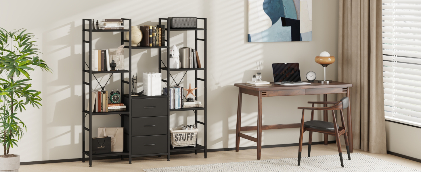 Стильна полиця-стеллаж з 4 висувними ящиками з тканини, 142 см, чорний колір. Ідеально для вітальні, офісу, кухні, балкону. Книжкова полиця, стелаж-куб, полиця для зберігання.