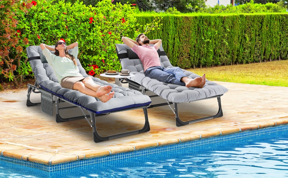 Розкладне шезлонг для саду SUNYRISY з регульованою спинкою, подушкою та підголівником, витримує до 200 кг, велике кемпінгове ліжко для дорослих, тераси, офісу та пляжу