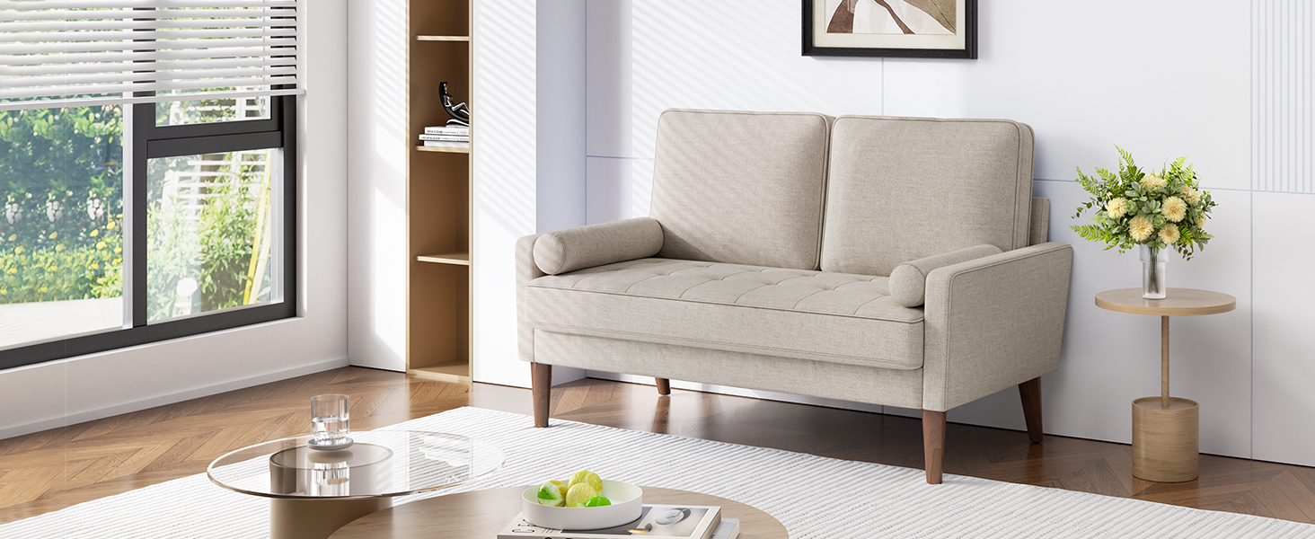 Диван Vesgantti 2-місний, 121 см, сучасний дизайн, з 2 подушками, для вітальні/квартири/офісу, тканина льон, колір пісочний