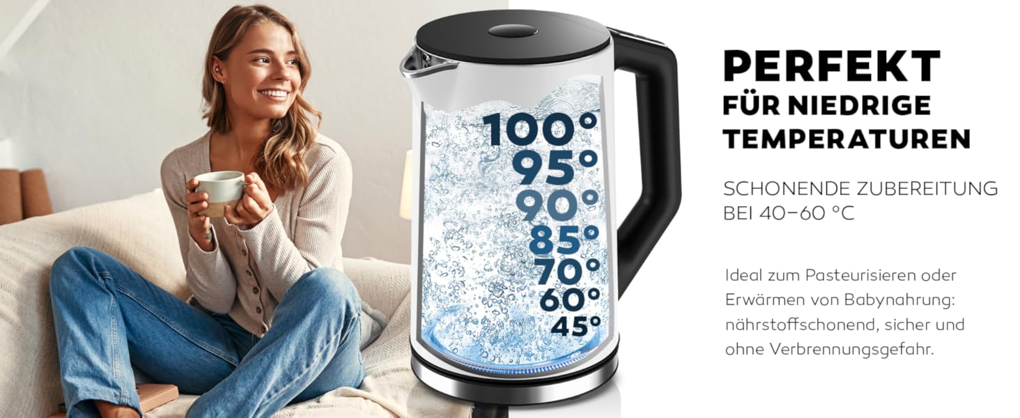 Електричний чайник BALTER з регулюванням температури, 40°C-100°C, подвійні стінки, без BPA, тихий та бездротовий, 1.5L, 2200W, білий