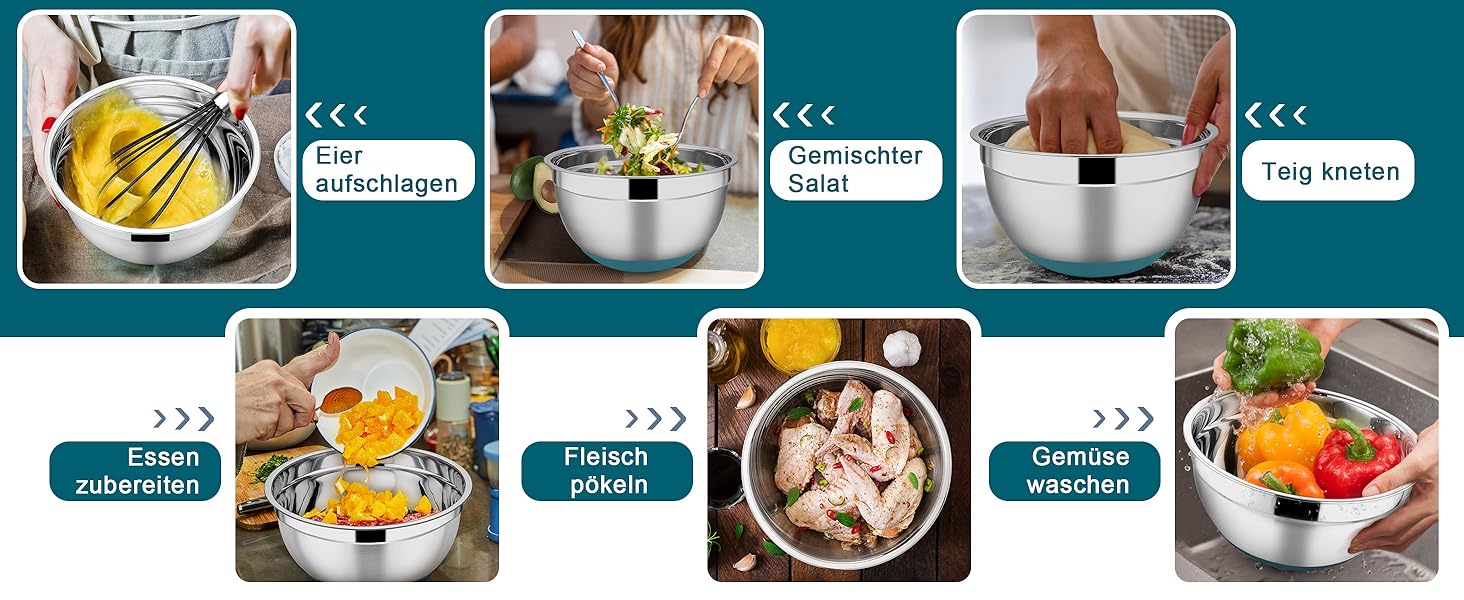 Набір мисок HaWare 6 шт. з нержавіючої сталі з кришками та тертками, 4.6/2.8/2.5/1.6/1.2/0.7 л, силіконове дно, миючі в посудомийній машині