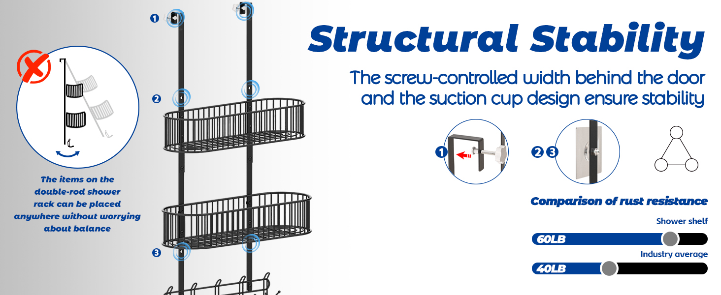 Настінна поличка для душу без свердління, чорна, для скляних душових кабін, регульована висота, 3 гачки, для шампуню та гелю для душу