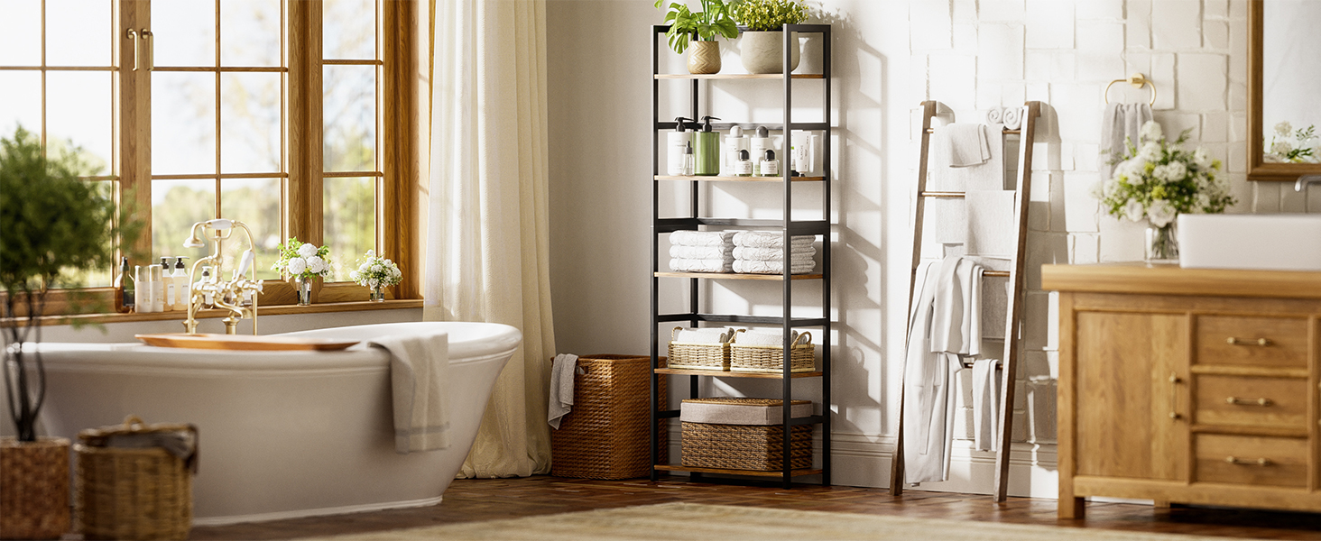 5-ярусна полиця для книг, індустріальна полиця з бамбуковим каркасом, сучасна вітрина, органайзер для зберігання з дерева для вітальні, домашнього офісу, рустикальний коричнево-чорний колір