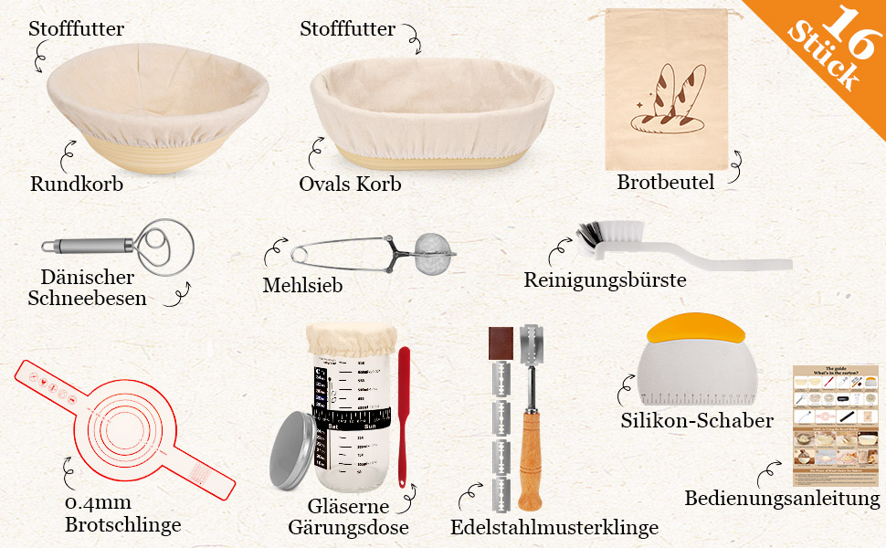 Набір для закваски з 16 частин: гнійники з силікону (круглі та овальні), скляні ємності для закваски - для професійного та домашнього випікання