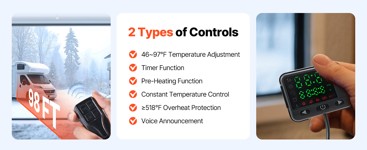 Електрична дизельна теплова газова пушка VEVOR 12V 8kW з LCD-дисплеєм та пультом дистанційного керування, 0.16-0.62 л/год, оранжева