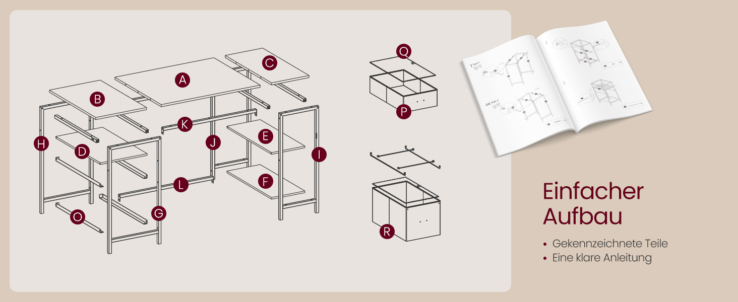 Комп'ютерний стіл VASAGLE з 3 полицями та 2 ящиками, 140 x 60 x 76 см, для офісу та вітальні, сучасний стиль, колір: natureichenfarben + perlweiß