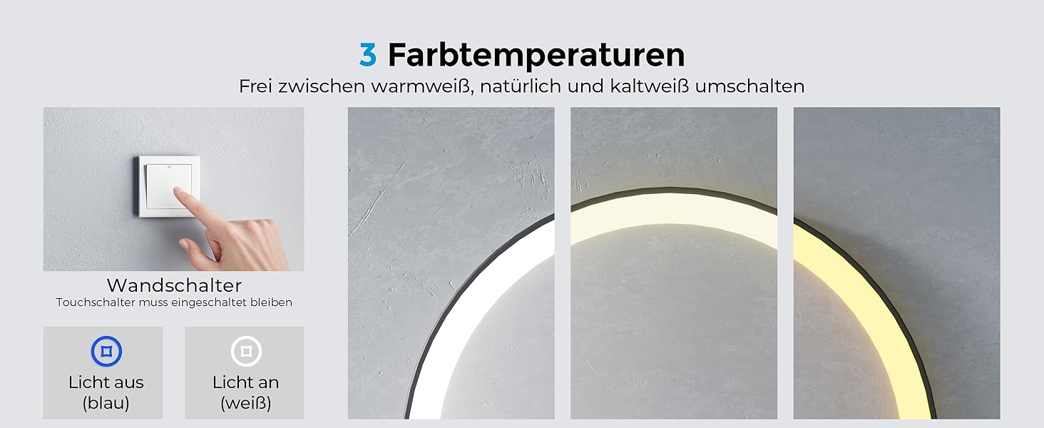 Дзеркало для ванної кімнати з підсвічуванням 60см, кругле LED дзеркало з LED-підсвічуванням, 3 кольори світла, регулювання яскравості, сенсорне управління, чорна рама, знімний монтаж 60x60 см