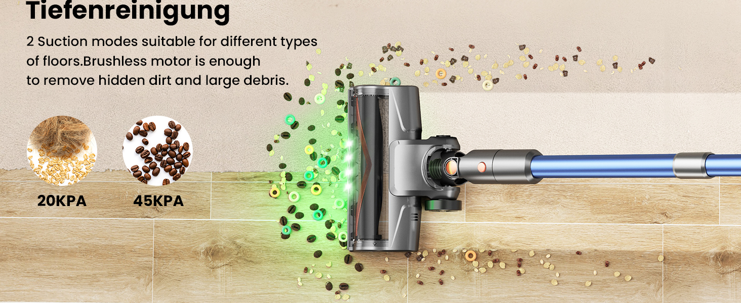 Бездротовий пилосос Dzaki 45000Pa з акумулятором, Smart-дисплеєм, функцією паркування та антизаплутанащістю для килимів, твердих поверхонь, шерсті тварин та авто (блакитно-сірий)