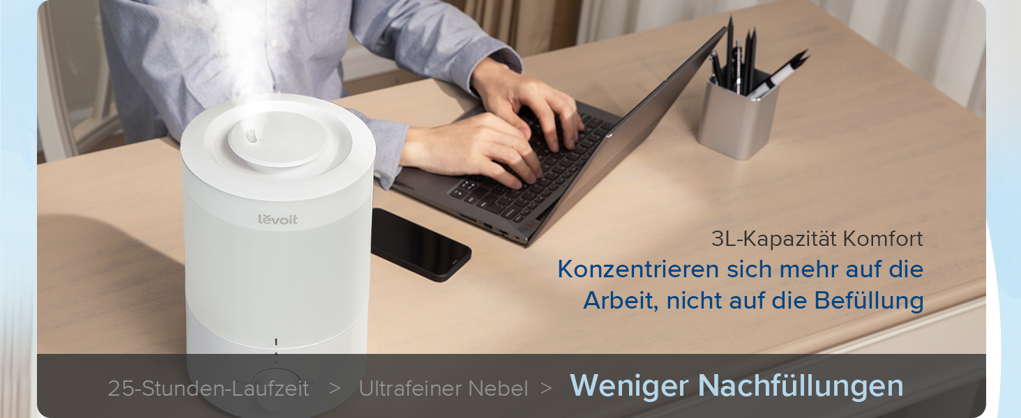 Зволожувач повітря LEVOIT з верхнім наповненням 3 л, нічник, насадка 360, можна мити в посудомийній машині, тихий, аромадифузор 25H