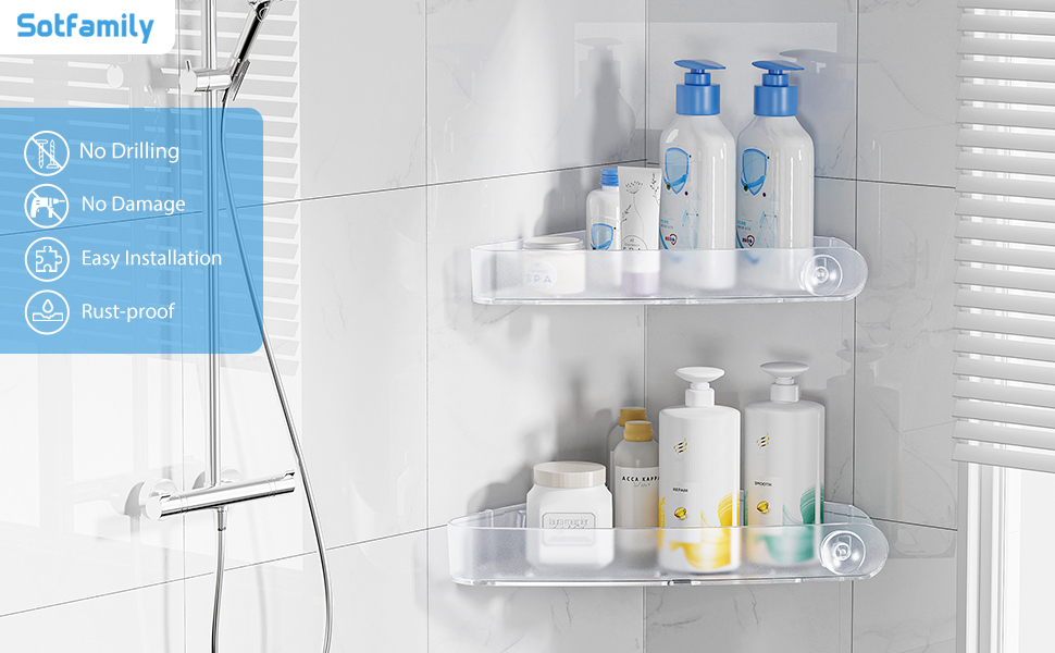 Поличка для душу Sotfamily без свердління (90°), кутова, з клеєм, з нержавіючого пластику, для шампуню, 4 шт., кристалічний дизайн