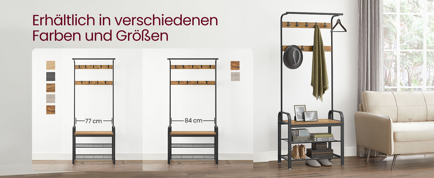 Важіль для одягу VASAGLE з полицею для взуття, 4-в-1, 9 знімних гачків, штанга для одягу, для прихожої, 33.7 x 72 x 183 см, індустріальний дизайн, горіхово-чорний колір